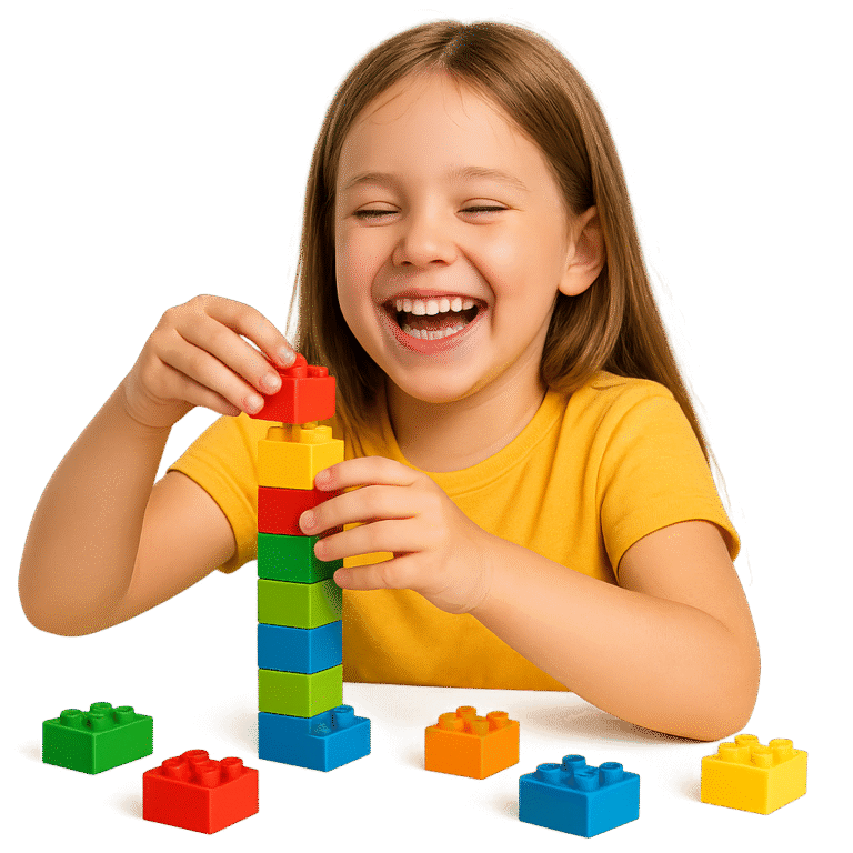dziewczynka układająca kolorowe klocki